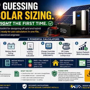 May include: An Excel toolkit for solar system design featuring six calculators for solar panels, battery banks, inverters, charge controllers, DC cables, and system payback. The graphic includes text, icons, and images of solar panels, a battery, and an inverter.
