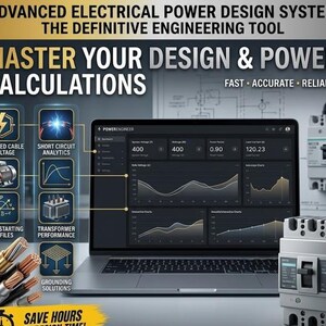 May include: A laptop displaying the PowerEngineer software interface with electrical engineering data, graphs, and system voltage metrics. The image includes icons for cable, short circuit, motor, transformer, and grounding, plus electrical circuit breakers.