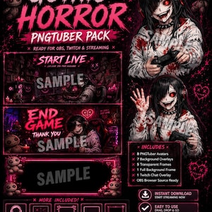 May include: A digital streaming asset pack titled GOTHIC HORROR PNGTUBER PACK featuring a character with long black hair, red eyes, and a blood-splattered white hoodie. The set includes avatars, background overlays, frames, and chat box designs.
