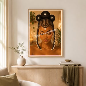 Peut inclure: Une impression d'art mural encadrée représentant le portrait d'une personne aux cheveux tressés complexes ornés de coquillages cauris blancs. La personne porte des marques faciales dorées et des boucles d'oreilles. Le texte Curls & Love Studio est visible.