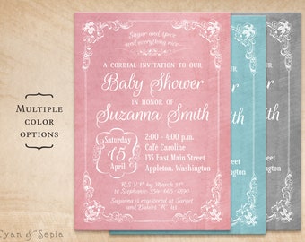 Antique Frame - Baby Shower Invitation, Print Your Own or Digital File - 5x7 Elegant Formal Floral Old-Fashioned Storybook Pink Blue Gray