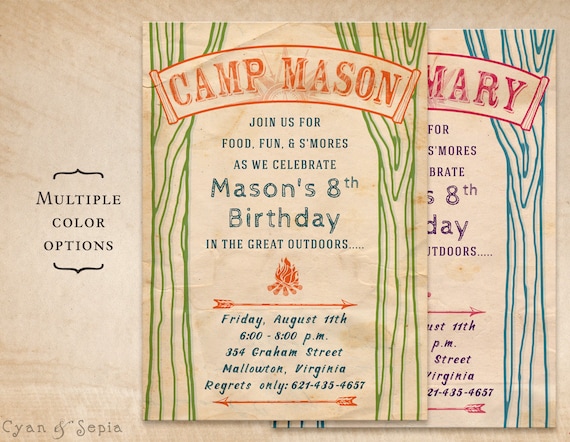 Vintage Camp Invitation - Print-Your-Own or Digital File - 5x7 Birthday National Park Camping Party