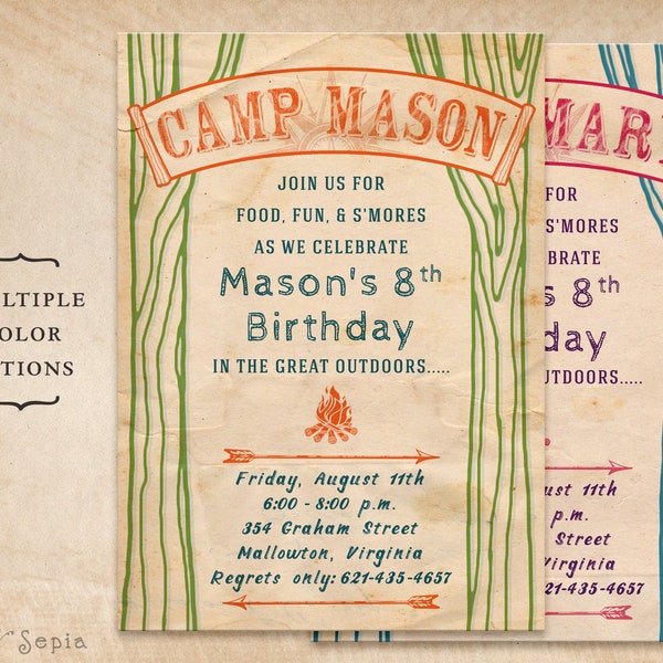 Vintage Camp Invitation - Print-Your-Own or Digital File - 5x7 Birthday Campsite Campground Camping Bonfire Tree Nature Outdoor Hiking