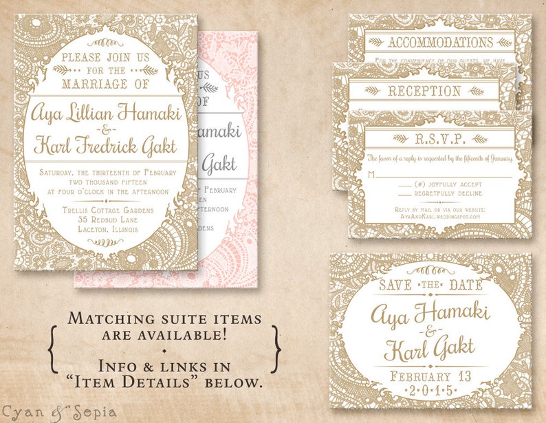 Vintage Lace Wedding Save the Date, Print-Your-Own or Digital File 4x5 Postcard Cottage Victorian Elegant Gold White Pink Blush Gray image 4