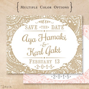 Vintage Lace Wedding Save the Date, Print-Your-Own or Digital File 4x5 Postcard Cottage Victorian Elegant Gold White Pink Blush Gray image 1