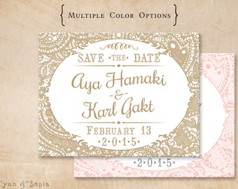 Vintage Lace - Wedding Save the Date, Print-Your-Own or Digital File - 4x5 Postcard Cottage Victorian Elegant Gold White Pink Blush Gray