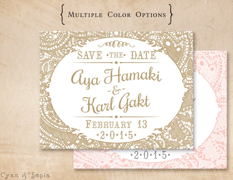 Vintage Lace Wedding Save the Date, Print-Your-Own or Digital File 4x5 Postcard Cottage Victorian Elegant Gold White Pink Blush Gray image 1