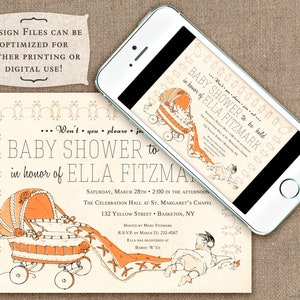 Vintage Carriage, 5x7 Baby Shower Invitation, Print Your Own or Digital File Antique Storybook Retro Midcentury 1950s 1960s Gender Neutral image 2