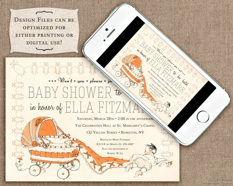 Vintage Carriage, 5x7 Baby Shower Invitation, Print Your Own or Digital File Antique Storybook Retro Midcentury 1950s 1960s Gender Neutral image 2