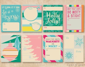 May include: Eight printable Christmas gift tags with various designs. The tags feature a snowflake, a Christmas tree, a Christmas ornament, and a holly sprig. The tags have space for writing "To:" and "From:".