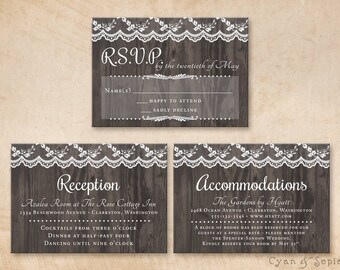 Printable Wedding Enclosure Cards - Wood and Lace 3.5x5 - Your Choice RSVP Reception Accommodations - Rustic Nature Barn Cottage Woodland