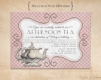 Antique Teapot - Tea Party Birthday Shower Invitation, Print Your Own or Digital File - Printable Pink Vintage Old Fashioned Afternoon Tea