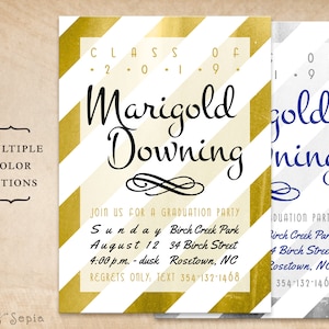 Graduation Party Invitation, Print-Your-Own or Digital File - "Foil" Stripes - 5x7 Customized Gold Silver White Metallic-Look Modern Grad