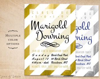 Graduation Party Invitation, Print-Your-Own or Digital File - "Foil" Stripes - 5x7 Customized Gold Silver White Metallic-Look Modern Grad