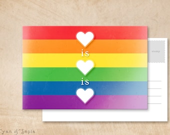 Printable Postcard - Love is Love - 4x6 Print Your Own - LGBTQ Rainbow Heart Political Equality Donation