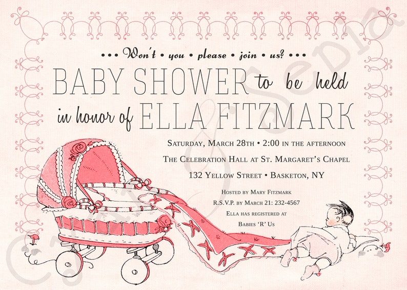 Vintage Carriage, 5x7 Baby Shower Invitation, Print Your Own or Digital File Antique Storybook Retro Midcentury 1950s 1960s Gender Neutral image 4