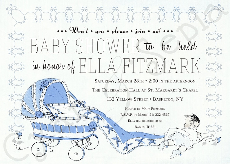 Vintage Carriage, 5x7 Baby Shower Invitation, Print Your Own or Digital File Antique Storybook Retro Midcentury 1950s 1960s Gender Neutral image 6