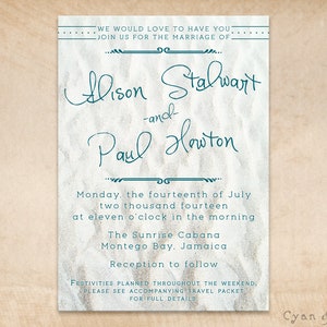 Beach Sand Wedding Invitation - 5x7 Print-Your-Own or Digital File - Teal Turquoise Oasis Blue White Beachy Casual Destination Nature