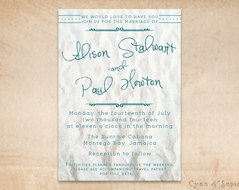 Beach Sand Wedding Invitation - 5x7 Print-Your-Own or Digital File - Teal Turquoise Oasis Blue White Beachy Casual Destination Nature