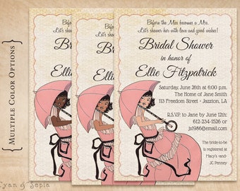 French Parasol - Bridal Wedding Shower Invitation, Print Your Own or Digital File - 5x7 Choice of Skin Tone Vintage Umbrella Dress Fashion