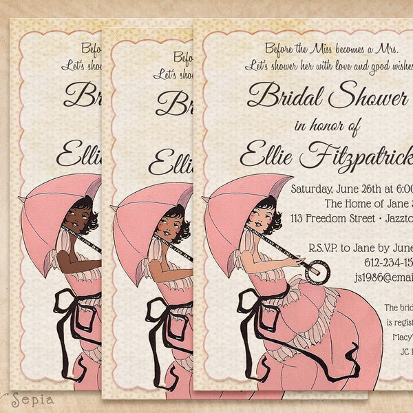 French Parasol - Bridal Wedding Shower Invitation, Print Your Own or Digital File - 5x7 Choice of Skin Tone Vintage Umbrella Dress Fashion