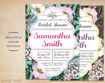 Vintage Wild Roses - Bridal Wedding Shower Invitation, Print Your Own or Digital File - 5x7 Retro Floral Flowers Bright Spring Aqua Pink