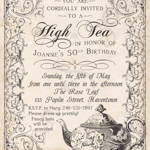 Old-Fashioned High Tea Party Birthday Shower Invitation, Print Your Own or Digital File 5x7 Vintage Antique Teapot Purple Pink Brown image 3