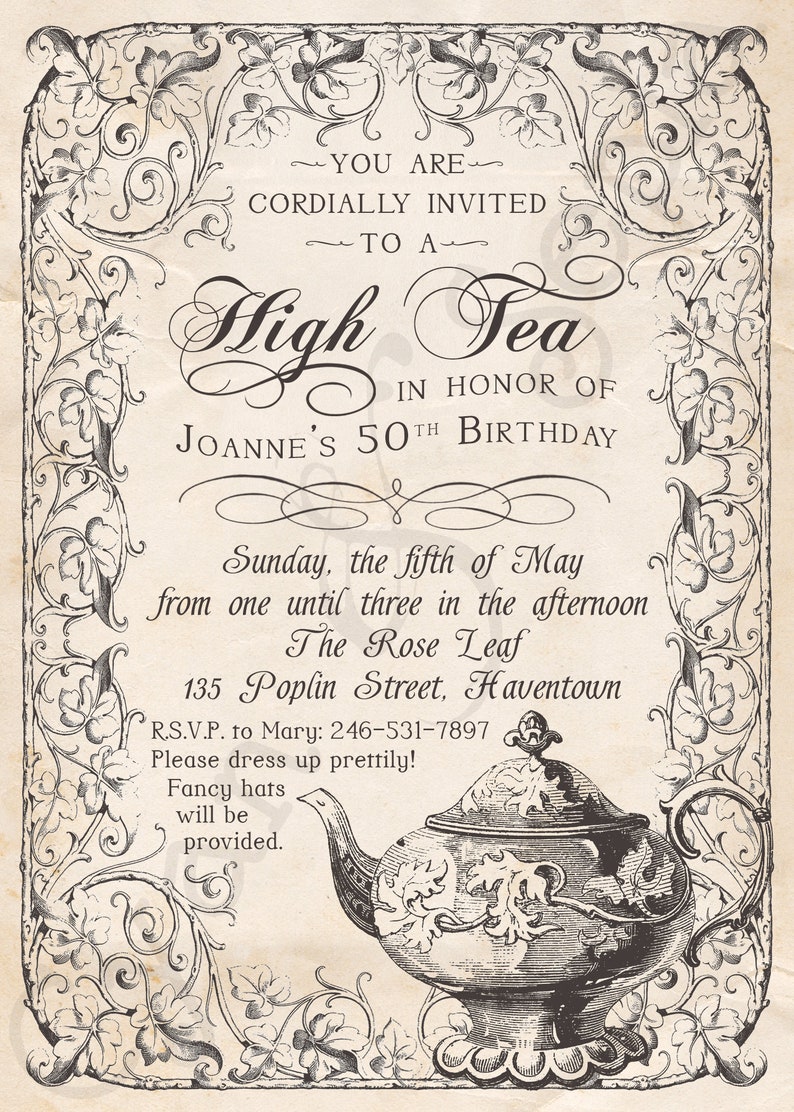 Old-Fashioned High Tea Party Birthday Shower Invitation, Print Your Own or Digital File 5x7 Vintage Antique Teapot Purple Pink Brown image 3