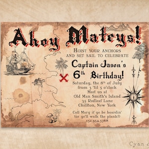 Pirate Treasure Map Invitation - Print-Your-Own or Digital File - 5x7 Birthday Party Kids Nautical Antique Fairy Tale Storybook Ship