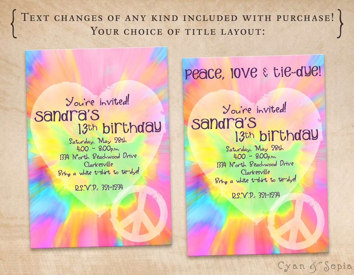 printable birthday invitation 425 x 55 4x6 5x7 tie dye etsy