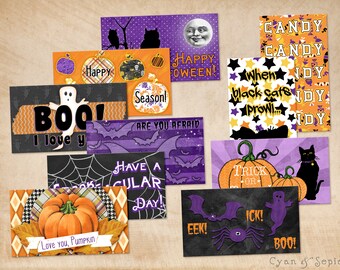 Lunchbox Notes, Kids Halloween, Printable JPG + PDF Digital Download - 10 Designs Print-Your-Own - Orange Black Pumpkin Cute October