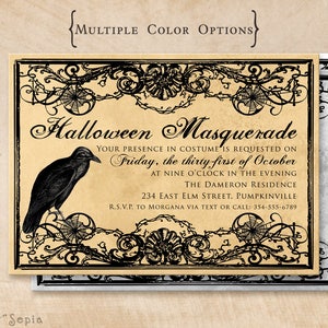 Halloween Invitation, Gothic Crow, Print Your Own or Digital File - 5x7&quot; PDF JPG