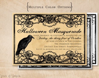 Halloween Invitation, Gothic Crow, Print Your Own or Digital - 5x7" PDF JPG Vintage Antique Spooky Masquerade Spiderweb Cobweb Haunted Adult