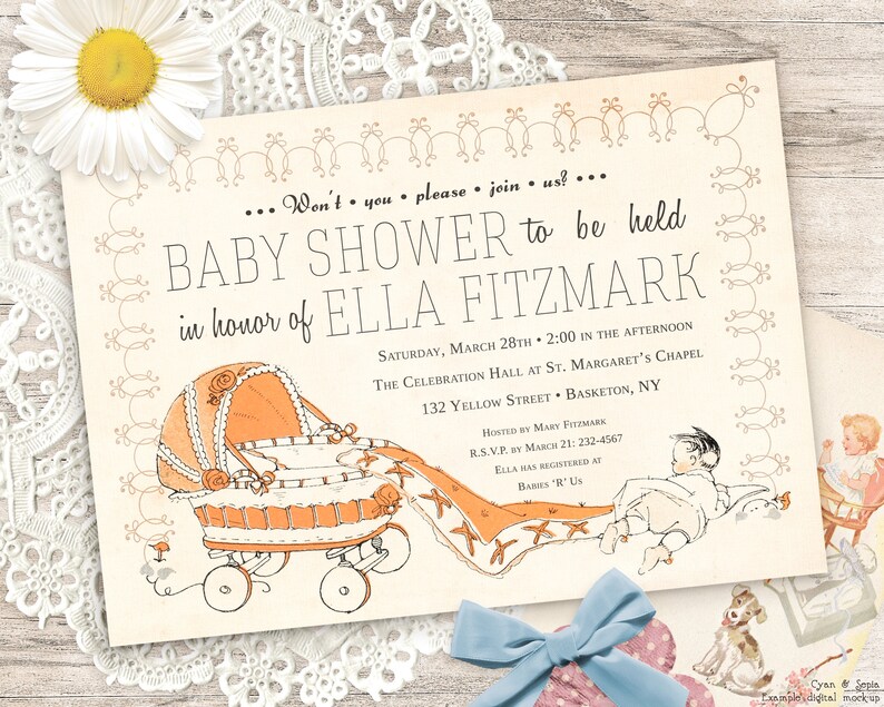 Vintage Carriage, 5x7 Baby Shower Invitation, Print Your Own or Digital File Antique Storybook Retro Midcentury 1950s 1960s Gender Neutral image 7