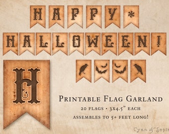 Printable Flag Banner Garland - Old Paper Halloween - DIY PDF Download Decoration Creepy Gothic Vintage Antique Bat Raven Old-Fashioned