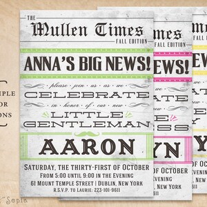 May include: A newspaper-style announcement with a green, pink, and yellow color scheme. The headline reads "Anna's Big News!" and announces the arrival of a "Little Gentleman" named "Aaron". The announcement includes the date and time of the event, as well as the location.