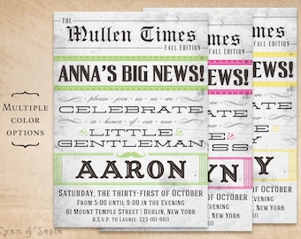Vintage Newspaper - Baby Shower Invitation, Print Your Own or Digital File - 5x7 Old-Fashioned Old-Timey Family News Boy Girl Gender Neutral