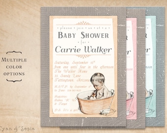 Vintage Baby Bathtub - Shower Invitation, Print Your Own or Digital File - 5x7 Antique 1910s Illustration Storybook Bath Bathtime