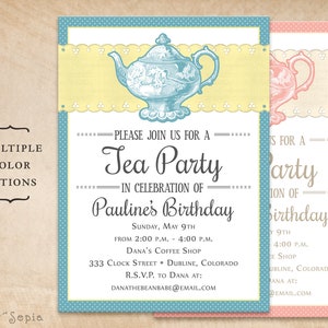 Ribbon and Dots, Tea Party Birthday Invitation, Print Your Own or Digital File - Pastel Blue Teal Peach Ivory Lemon Yellow Retro Teapot