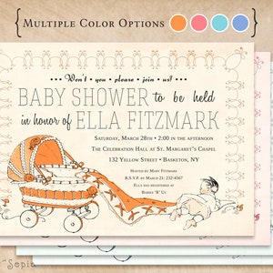 Vintage Carriage, 5x7 Baby Shower Invitation, Print Your Own or Digital File Antique Storybook Retro Midcentury 1950s 1960s Gender Neutral image 1