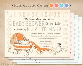 Vintage Carriage, 5x7 Baby Shower Invitation, Print Your Own or Digital File - Antique Storybook Retro Midcentury 1950s 1960s Gender Neutral