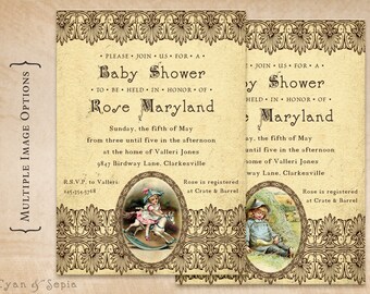 May include: Vintage-style baby shower invitation with a floral border. The invitation features a text overlay with the words "Baby Shower" and "Rose Maryland". The invitation also includes a small image of a child on a rocking horse.