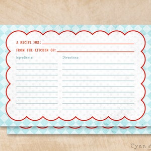 May include: A printable recipe card with a blue and white checkered pattern and a red scalloped border. The card has spaces for the recipe name, ingredients, and directions.