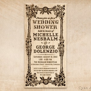 Rustic Floral Woodburn, Bridal Wedding Shower Invitation - Print-Your-Own or Digital File - 4x8 Wood Country Barn Old-Fashioned Photocard
