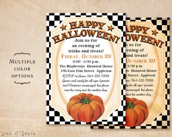 Country Pumpkin, Fall Halloween Thanksgiving Invitation, Print Your Own or Digital File - Checkered 50s Kid-Friendly Family Farm Harvest