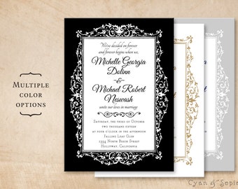 May include: Elegant wedding invitations in black, gold, and gray, featuring ornate borders and classic typography. The invitations display the names Michelle Georgia Dolinn and Michael Robert Neswash, along with the wedding date and location. Multiple color options are available.