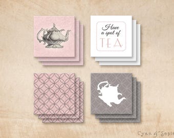 Printable 2x2 Party Squares Favor Tags - Antique Teapot - Tea Party Victorian Vintage Cottage, Pink Grey Gray Brown White