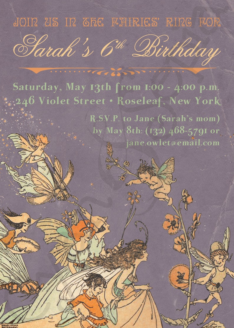 Fairy Gathering, Birthday Baby Shower Invitation, Print-Your-Own or Digital File 5x7 Faerie Tale Storybook Vintage Elf Illustration image 3