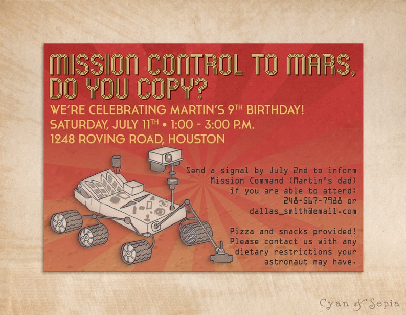 Mars Rover Invitation, Print-Your-Own or Digital File 5x7 Birthday Party Outer Space STEM STEAM Robot Curiosity Solar System Rockets NASA image 1