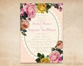 Blush Roses - Bridal Wedding Shower Invitation, Print-Your-Own or Digital File - 5x7 Vintage Floral Victorian Lace Stripes Pink Flowers